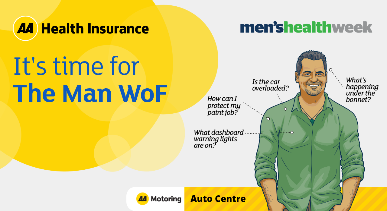 Illustrated promotional banner for AA Health Insurance featuring “The Man WoF” campaign for Men’s Health Week, with a person surrounded by car-related questions comparing vehicle checks to looking after personal health.