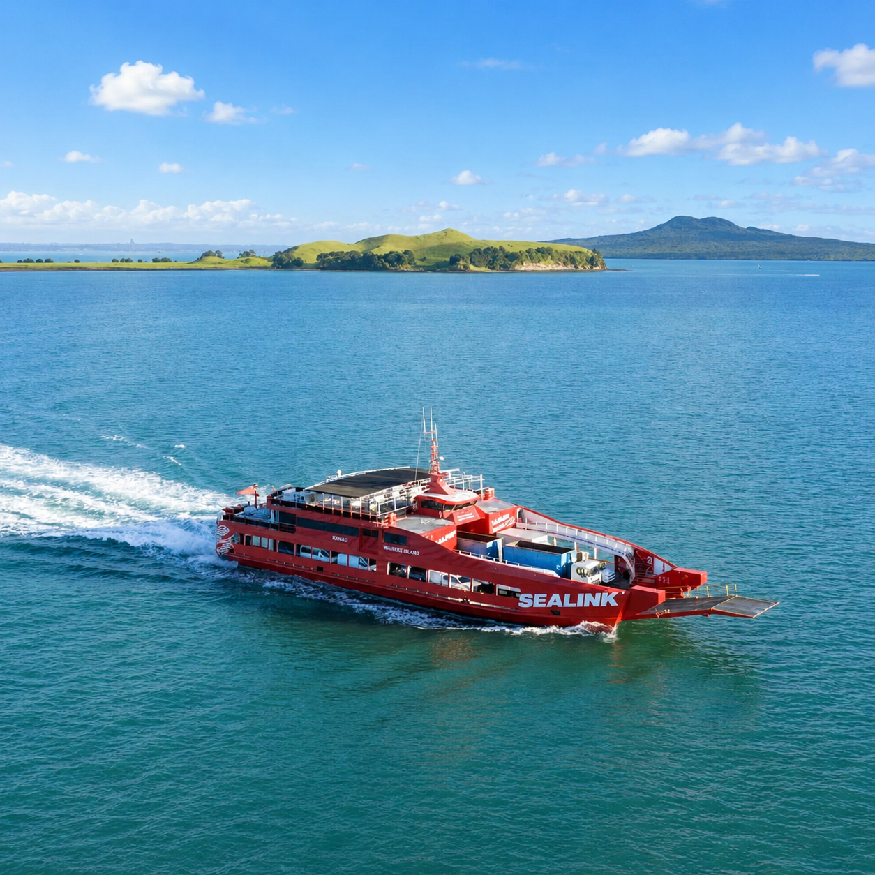 A bright red SeaLink ferry travels across calm blue-green water, leaving a white wake behind it. In the background, a small green island with rolling grassy hills sits in the harbour, with another larger island visible farther away. The sky is clear and bright blue with scattered white clouds. The ferry is viewed from above at an angle, showing its passenger decks and vehicle-loading ramp, with the word “SEALINK” prominently displayed on the side. The scene highlights coastal travel in a picturesque harbour setting. 