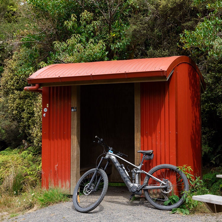 An iconic Kiwi red shed on the Timber Trail. Photo by Alice Veysey.