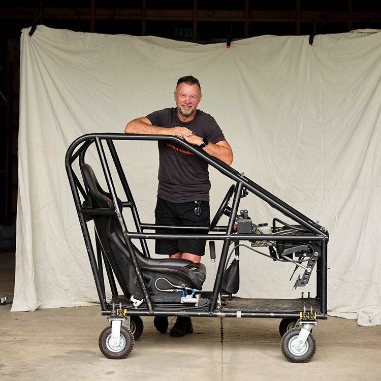 Stunt man Mark Harris with one of his driving rigs. Photo by Mark Smith.