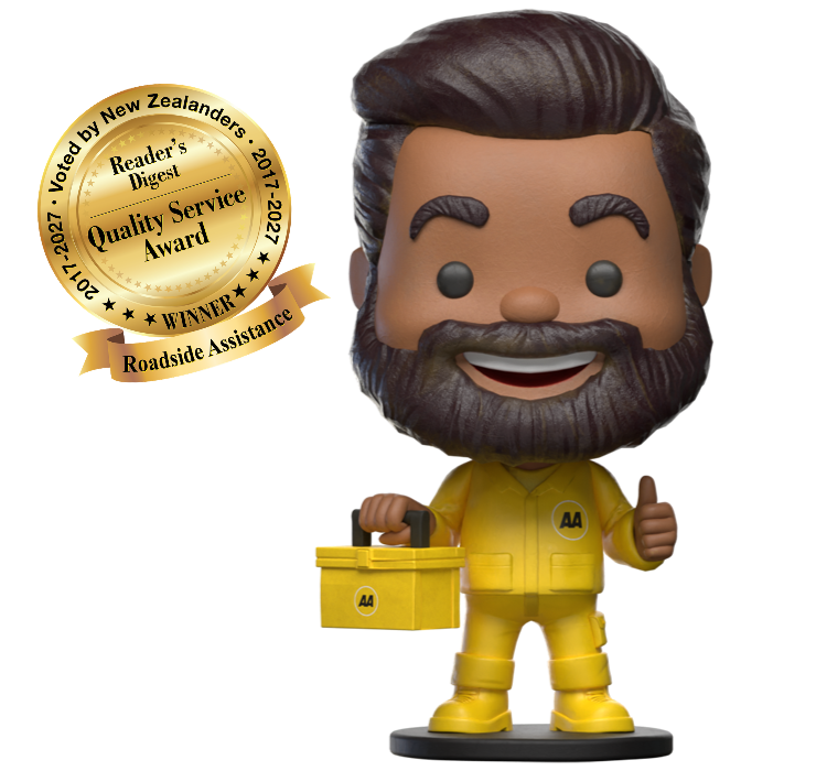 AA mascot Ray beside the Reader's Digest Quality Service Award winner emblem for Roadside Assistance.