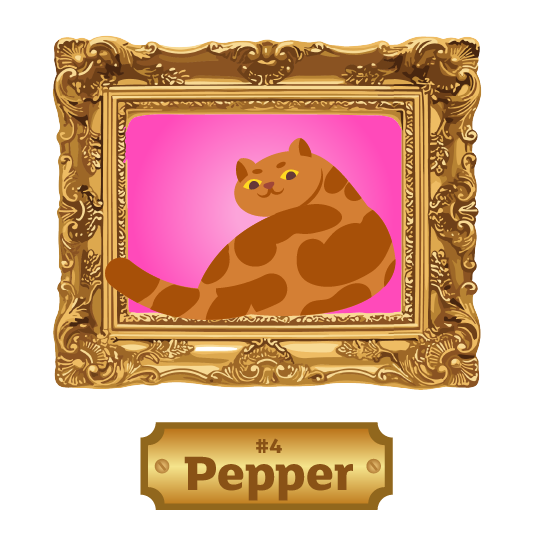 Illustration of an orange tabby cat reclining inside an ornate rectangular gold picture frame against a bright pink background. The cat has darker orange stripes and markings, a curled tail extending toward the left side of the frame, and is looking over its shoulder. Beneath the portrait is a decorative gold nameplate displaying the text “#4 Pepper.”