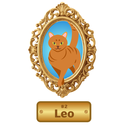 Illustration of an orange cat standing inside an ornate oval gold picture frame against a bright blue background. The cat faces forward with one front paw extended toward the lower edge of the frame and its tail curved upward behind it. Beneath the portrait is a decorative gold nameplate displaying the text “#2 Leo.”