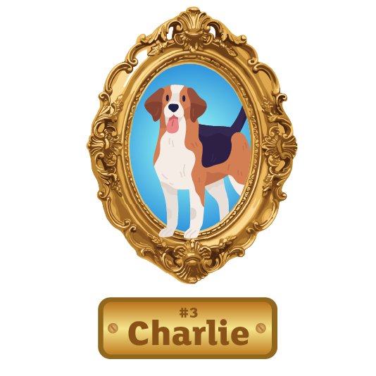 Illustration of a beagle-like dog standing inside an ornate oval gold picture frame against a blue background. The dog has brown, white, and black markings, with one front paw slightly raised and its tongue visible. Beneath the portrait is a gold nameplate displaying the text “#3 Charlie.”
