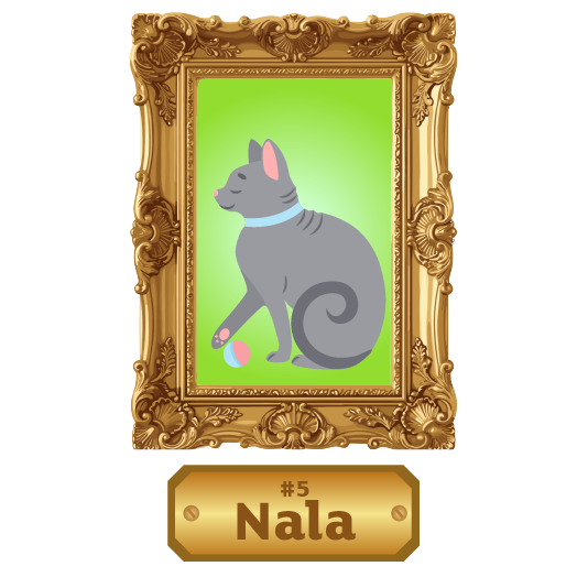 Illustration of a gray cat sitting inside an ornate rectangular gold picture frame against a bright green background. The cat wears a light blue collar and is shown in profile with its tail curled into a spiral. A small striped ball rests near one front paw. Beneath the portrait is a decorative gold nameplate displaying the text “#5 Nala.”