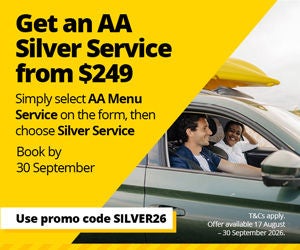 Promotional AA advertisement featuring a yellow and white design with a vehicle on the right. Headline reads: “Get an AA Silver Service from $249”. Supporting text says: “Simply select AA Menu Service on the form, then choose Silver Service. Book by 30 September”. A banner at the bottom reads: “Use promo code SILVER26”. Fine print states: “T&Cs apply. Offer available 17 August to 30 September 2026.” Two people are visible seated inside the vehicle.  