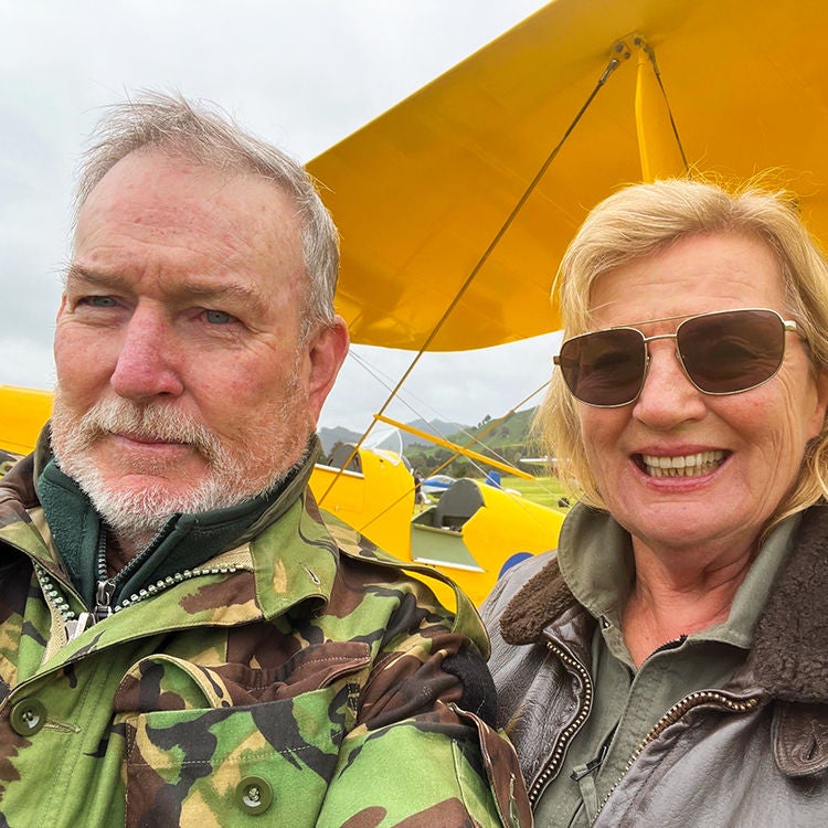 Frank Parker and wife Liz Needham fly together as part of the Roaring Forties Harvard Display Team. Photo supplied.