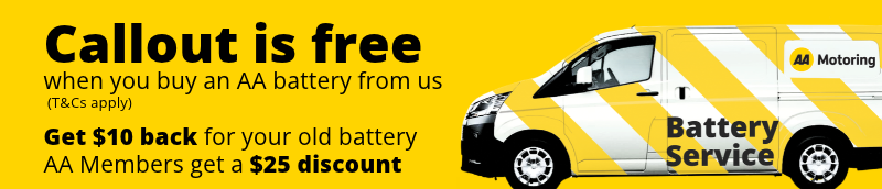 AA Motoring battery service promotion showing an AA service van, free callout with battery purchase, a $10 battery recycling rebate, and a $25 member discount.