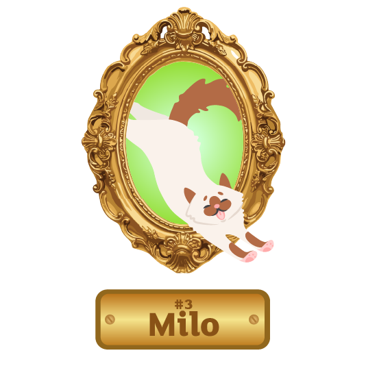 Illustration of a cream-colored cat with brown ears and markings playfully hanging upside down from an ornate oval gold picture frame against a bright green background. Most of the cat’s body extends across and partly outside the frame, with the tail curled overhead and the front paws reaching downward beyond the frame’s edge. The cat’s pink paw pads are visible. Beneath the portrait is a decorative gold nameplate displaying the text “#3 Milo.”