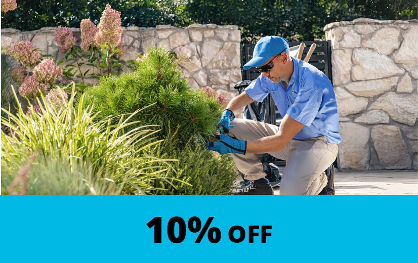 AA Home garden maintenance contractor tending to bush with 10% Off caption