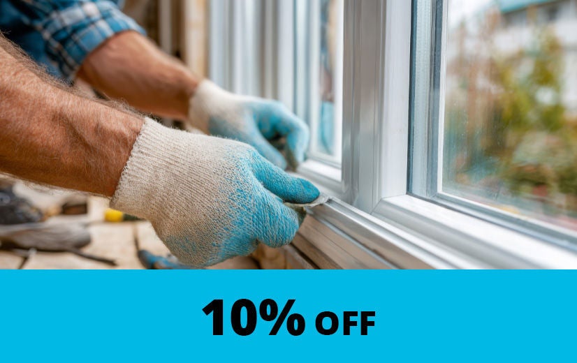 Gloved hands on windowsill with 10% Off caption