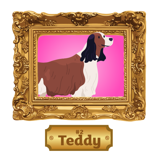 Illustration of a brown-and-white spaniel-like dog shown in profile inside an ornate rectangular gold picture frame. The portrait has a bright pink background, and the dog has long dark ears, a white chest, and a brown coat. Beneath the frame is a decorative gold nameplate displaying the text “#2 Teddy.”