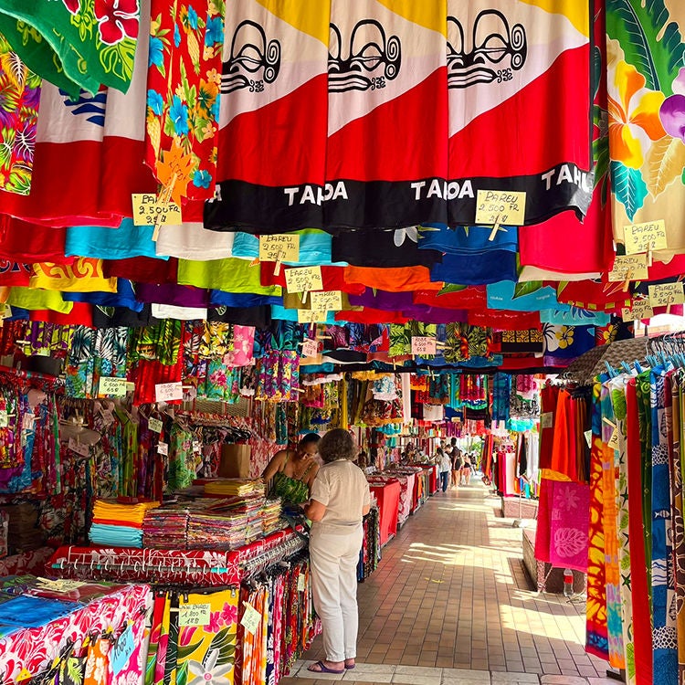  Bright pareos for sale at the Papeete Market. Photo by Jo Percival.