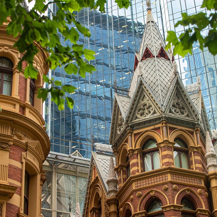 The juxtaposition of historic and contemporary architecture in Melbourne. Photo by Tim Cuff.