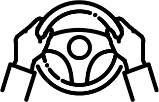 A simple black line icon shows two hands holding a steering wheel, representing driving or vehicle control.