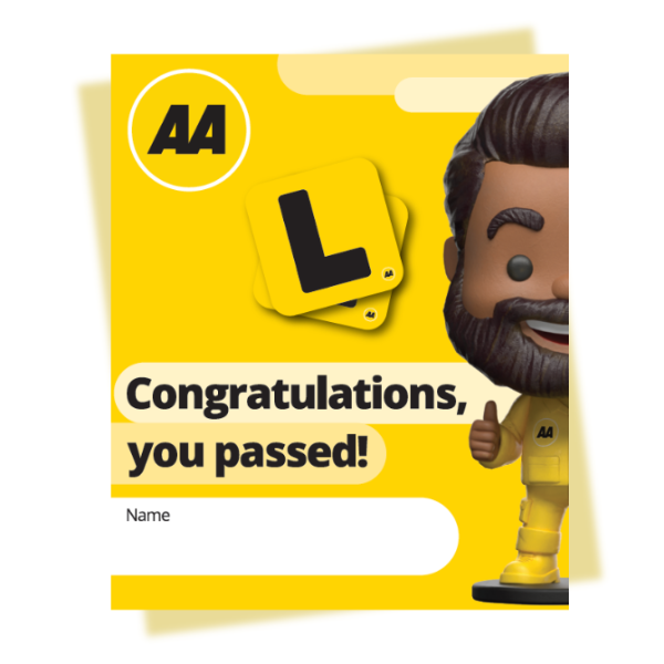 Yellow AA driving test pass certificate graphic featuring the AA logo, learner driver “L” plates, and a cartoon-style AA character giving a thumbs-up. Large text reads, “Congratulations, you passed!” with a blank field at the bottom for a recipient’s name.