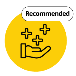 Illustration of hand outline on yellow background with plus signs floating, with 'recommended' banner
