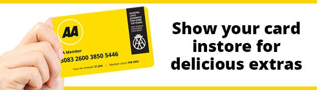 A hand holding up an AA New Zealand Membership card with the text next to it saying Show your card instore for delicious extras 