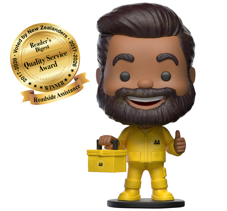 AA mascot Ray beside the Reader's Digest Quality Service Award winner emblem for Roadside Assistance.
