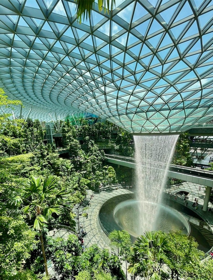 The incredible interior waterfall at Jewel Singapore.