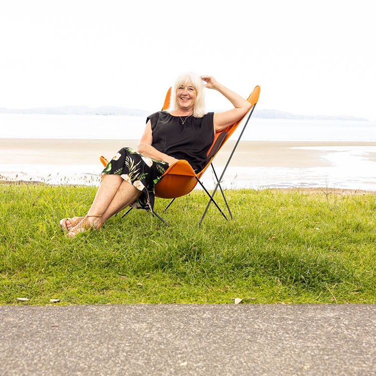 Liz in her butterfly chair