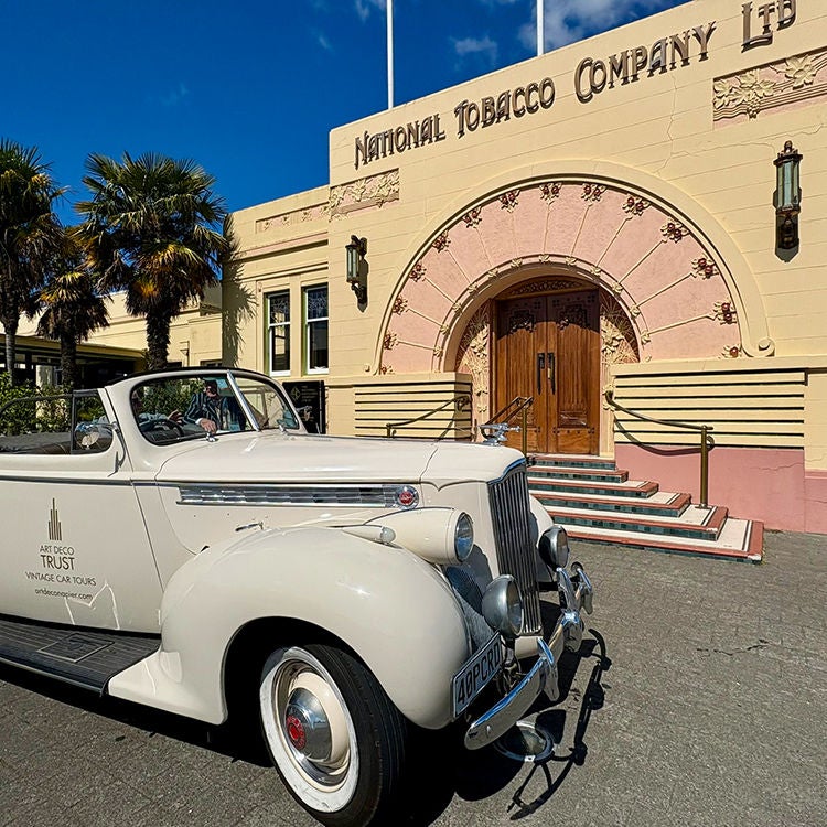Outside the iconic National Tobacco building in Napier on an Art Deco tour. Photo by Jo Percival.