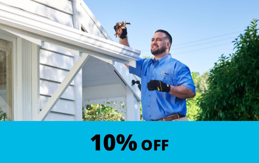 AA Home book a job contractor removing leaves from roof gutter with 10% Off caption