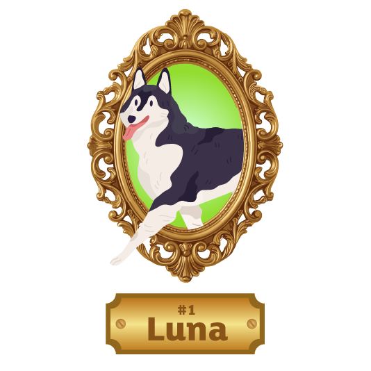 Illustration of a black-and-white husky dog inside an ornate oval gold picture frame against a bright green background. The dog is shown in a playful, mid-step pose with one front paw extended beyond the frame and its tongue visible. Beneath the portrait is a decorative gold nameplate displaying the text “#1 Luna.”