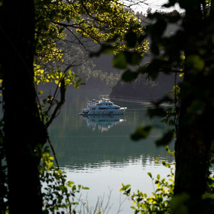 The Heritage Explorer at anchor in the Marlborough Sounds.