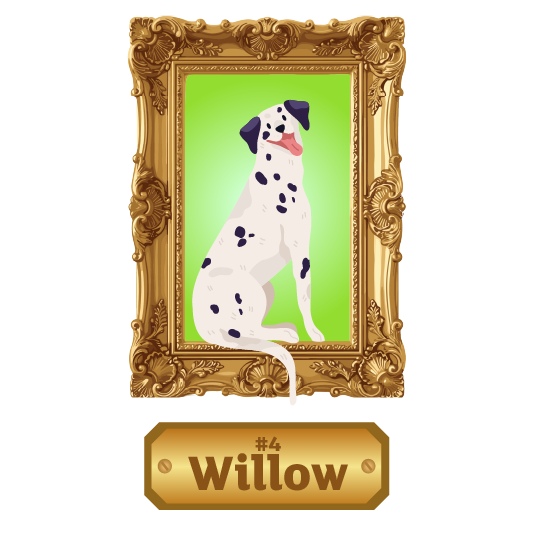 Illustration of a Dalmatian dog with black spots sitting inside an ornate gold picture frame against a bright green background. The dog is shown in a side-facing pose with its head tilted slightly upward, tongue visible, and tail extending down along the frame. Beneath the portrait is a gold nameplate displaying the text “#4 Willow.”