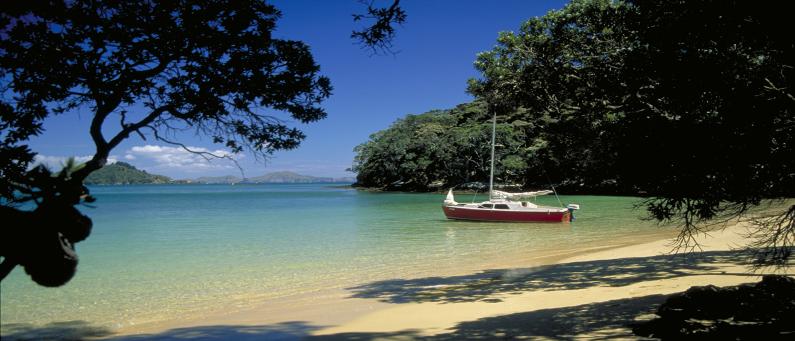 Yacht moored in idyllic anchorage in the Bay of Islands