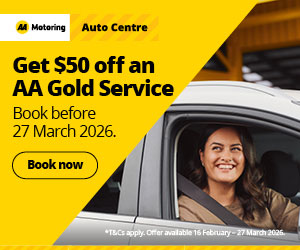Limited time offer for $50 off an AA Gold Service, workshop customer smiling on the right to copy