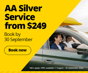 Promotional banner for an AA Silver Service offer. The left side of the image features a bright yellow geometric panel with bold black text reading “AA Silver Service from $249” and “Book by 30 September.” Below the text is a yellow “Book now” button outlined in black. The right side shows a green vehicle with two occupants visible through the side windows and yellow surfboards secured on the roof. Small white text along the bottom reads: “T&Cs apply. Offer available 17 August - 30 September 2026.” The design uses a yellow, black, green, and grey colour palette to emphasise the service promotion.