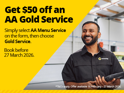Limited time offer for $50 off an AA Gold Service, workshop employee smiling on the right to copy