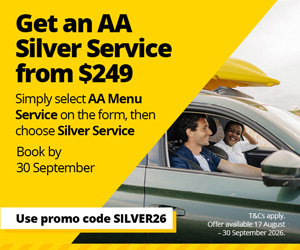 Promotional AA advertisement featuring a yellow and white design with a vehicle on the right. Headline reads: “Get an AA Silver Service from $249”. Supporting text says: “Simply select AA Menu Service on the form, then choose Silver Service. Book by 30 September”. A banner at the bottom reads: “Use promo code SILVER26”. Fine print states: “T&Cs apply. Offer available 17 August to 30 September 2026.” Two people are visible seated inside the vehicle.  
