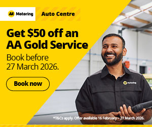 Limited time offer for $50 off an AA Gold Service, workshop employee smiling on the right to copy