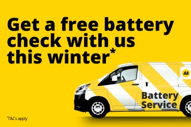 Bright yellow advertisement featuring bold black text that reads “Get a free battery check with us this winter*”. On the right side, a white and yellow service van with diagonal stripes is parked facing left, labeled “Battery Service” with an AA logo. Small text in the bottom left corner reads “*T&Cs apply”.