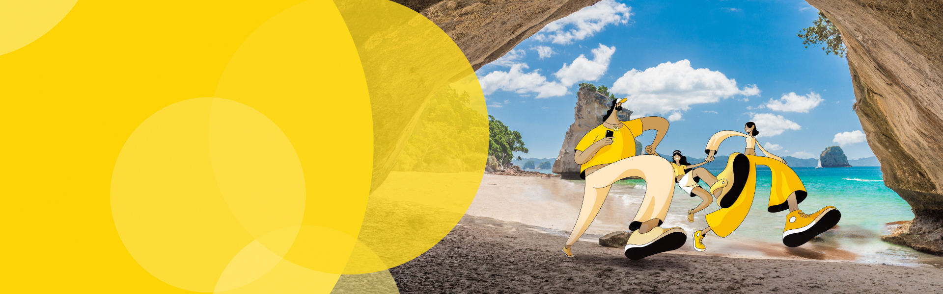 Three illustrated travellers running hand in hand through the sea arch at Cathedral Cove in the Coromandel, representing domestic travel insurance from AA Travel Insurance for holidays around New Zealand.