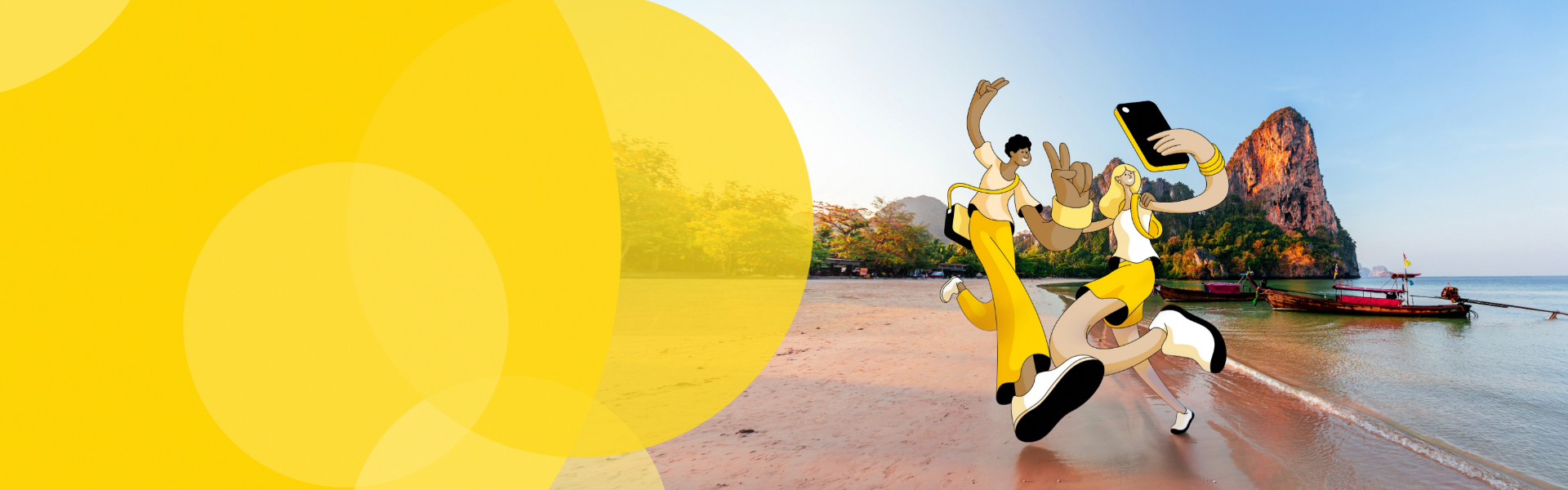 Two illustrated travellers celebrating on a tropical beach with limestone cliffs and longtail boats, representing international travel insurance from AA Travel Insurance for overseas holidays.