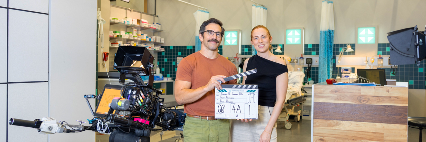 Writer Jared Turner and Storyline Producer Shelley Waddams on the set of Shortland Street. Photo by Jessie Casson.