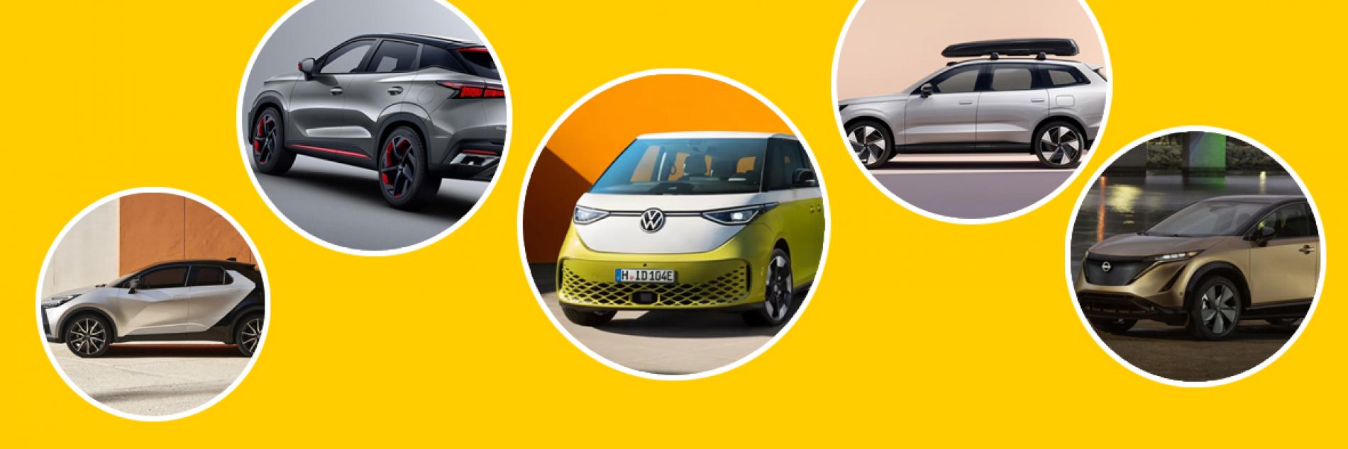 A collage of five new vehicles coming in 2024 on a yellow background