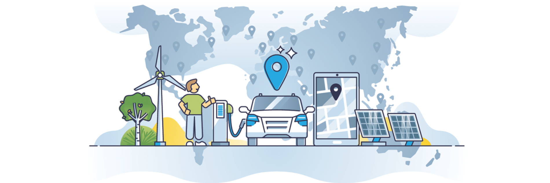 Illustration of a  man charging his EV with a map as the background containing pins of different countries