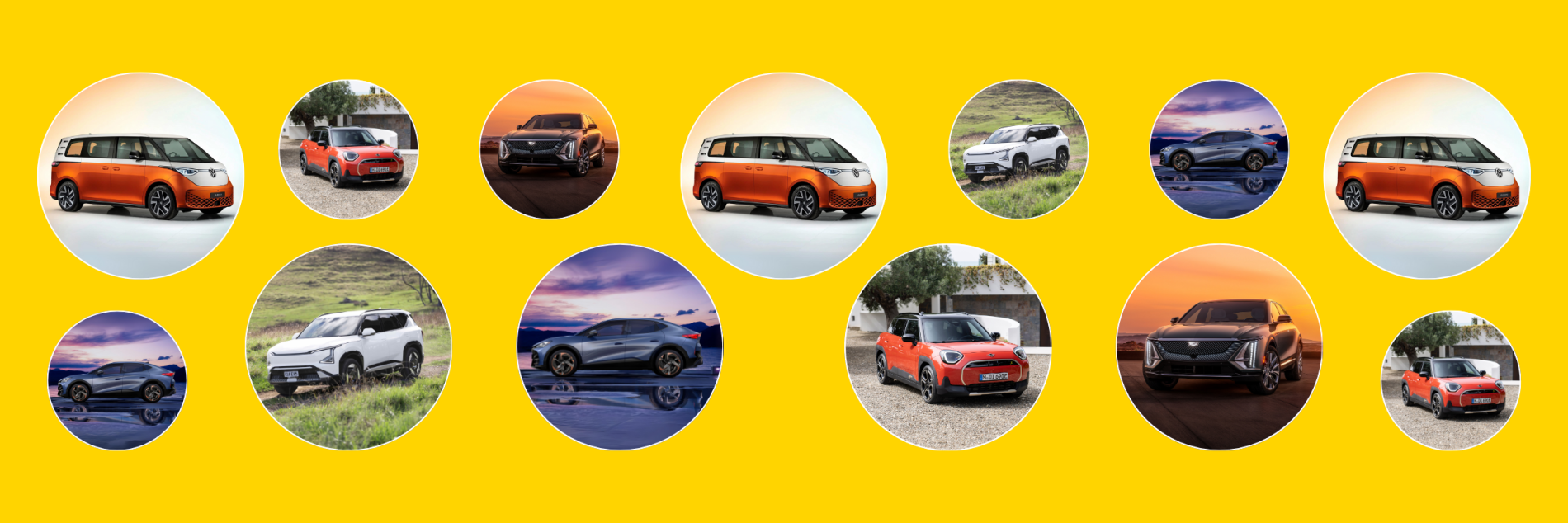 Multiple cars in different models on a yellow background