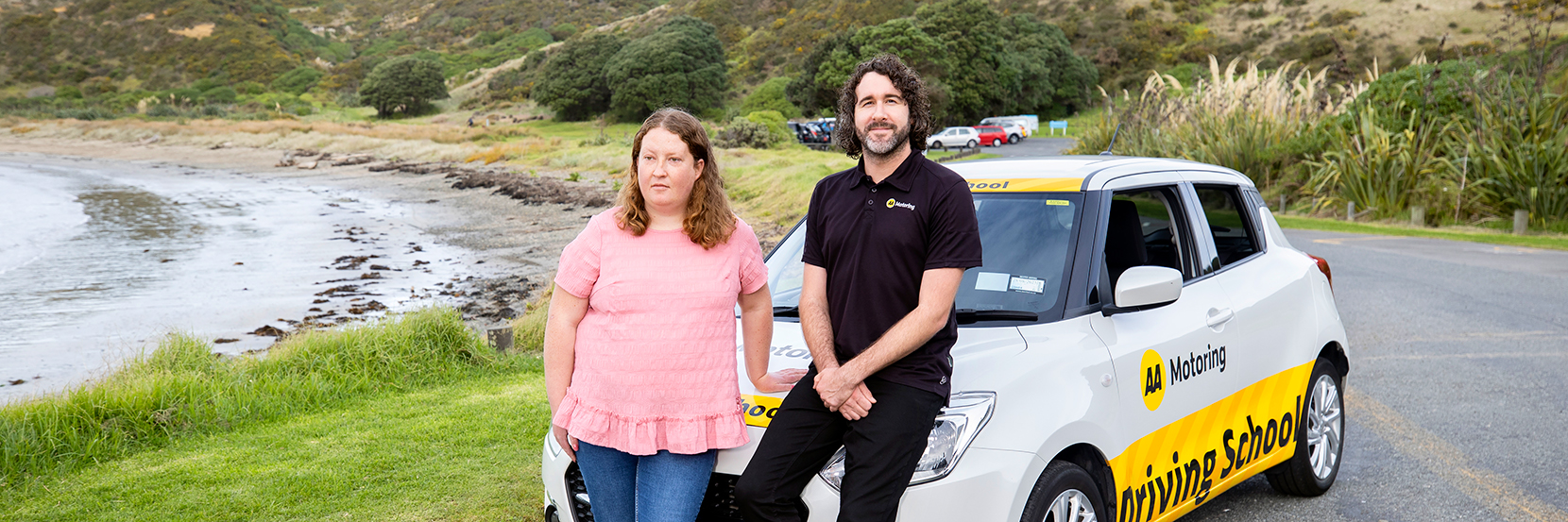 Learner driver Margaret Anderson Kane with instructor Caleb Dillner. Photo by Nicola Edmonds.