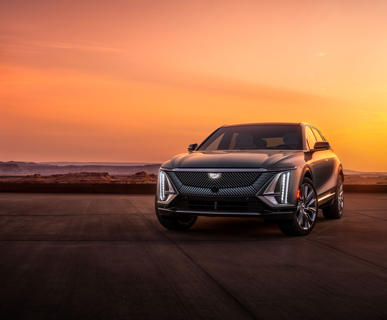 Cadillac LYRIQ with a sunset background