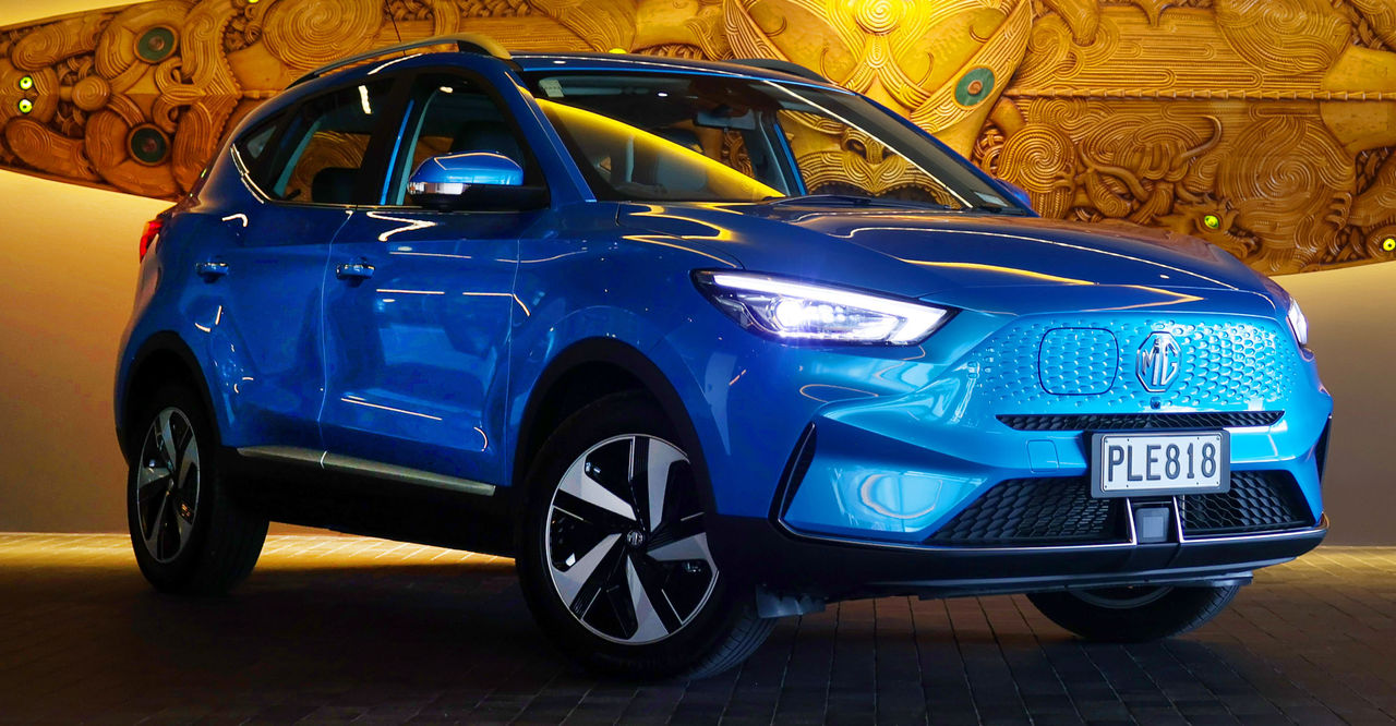 A blue MG ZS EV car