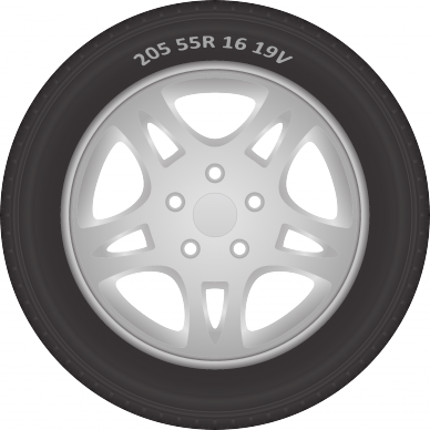 Illustrated car tyre displaying an example of a tyre size designation of 205 55R 16 91V.