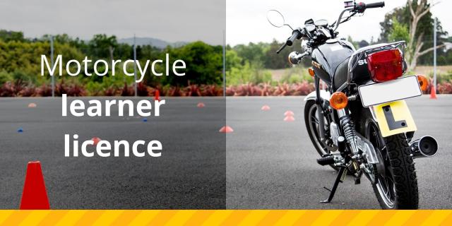 Parked motorcycle on the right side of an image with motorcycle learner license text on the left