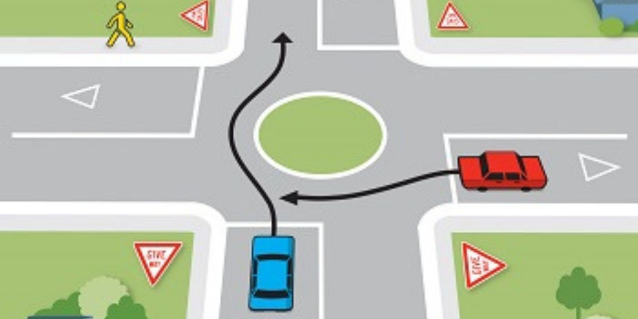 AA Driving School illustration to demonstrate the right of way for two cars at a roundabout