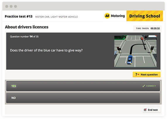 Screen grab of the AA Motoring Driving School Practice test demonstrating a question that shows a car turning right at a traffic light intersection having to give way to incoming traffic.